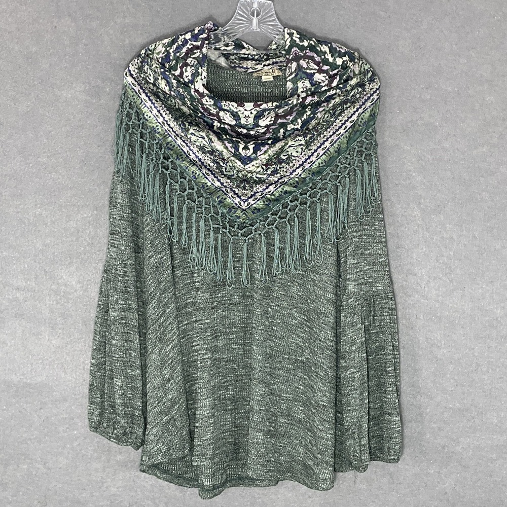 One World Top Women Sz 2x Green Removable Scarf Balloon Sleeve Knit Blouse Boho